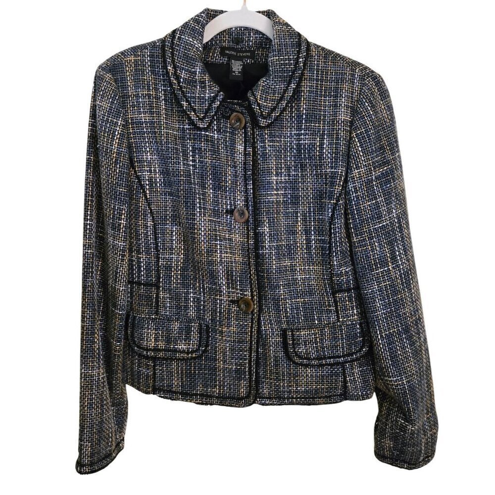 Valerie Stevens Vintage Trending Blue Tan Tweed Outline Trim Blazer Size 10
